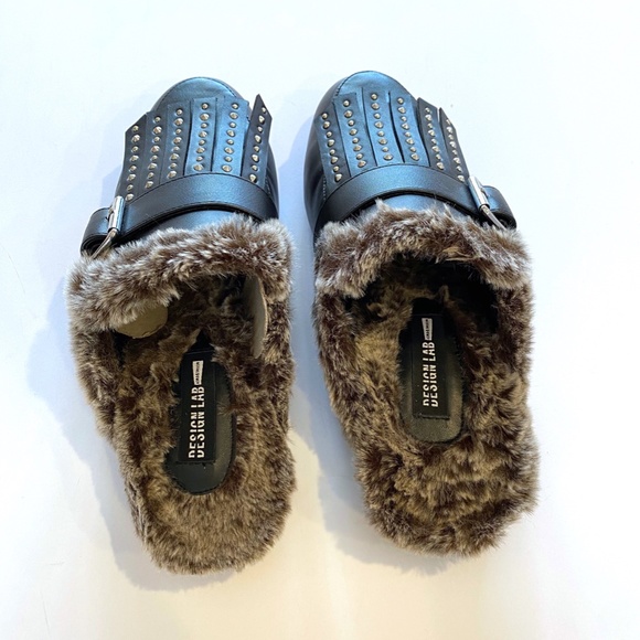 Design Lab Black Mules with studs and fur Sz 8 - Picture 2 of 5